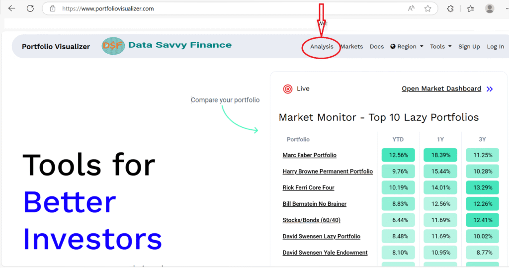 Portfolio visualizer allocation input screen showing the main page. We will use the Analysis tools in this tutorial]