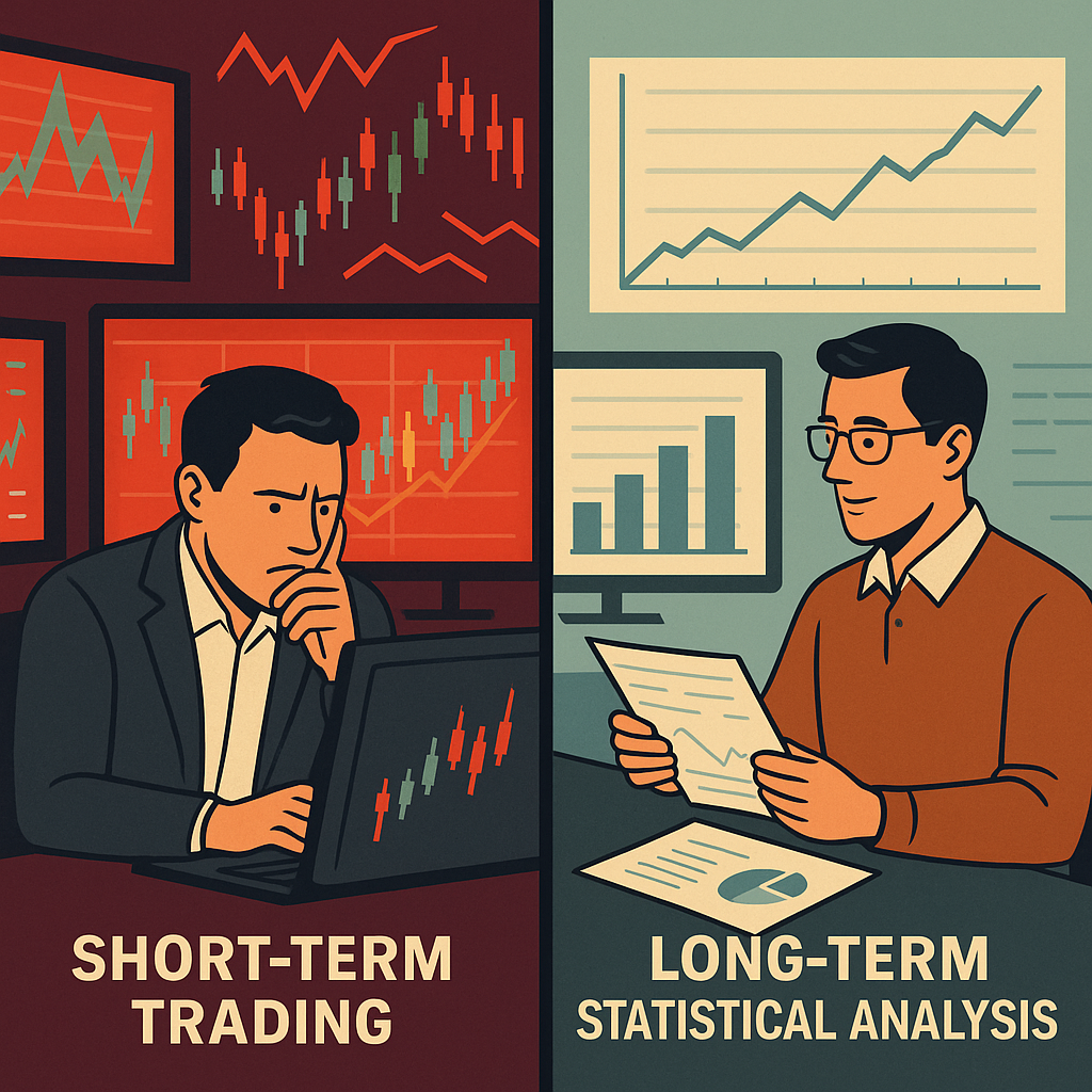 one side shows a trader surrounded by flashing charts, the other a long-term investor calmly analyzing graphs and data